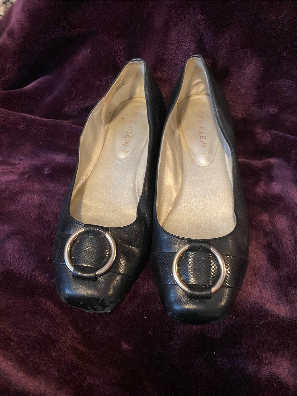 Anne Klein Black Leather Ballet Flats with Silver Round Buckle